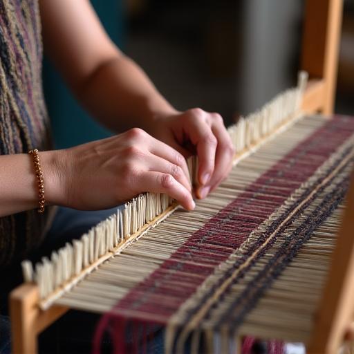 The hands of an artisan skillfully working at a traditional weaving loom.