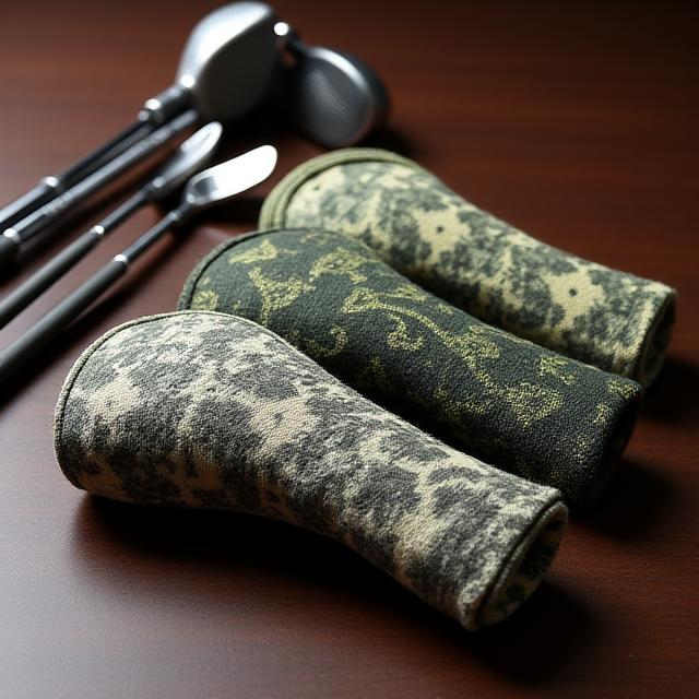 A set of three matching custom woven golf headcovers in a sophisticated pattern.