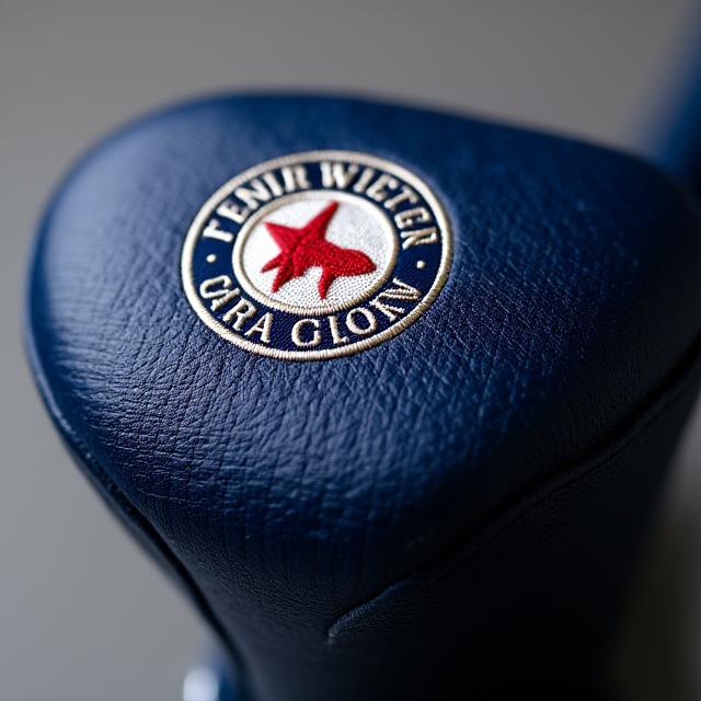 A golf headcover featuring an expertly embroidered corporate logo within a woven pattern.