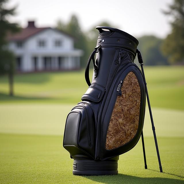 A luxurious custom golf bag with intricate woven side panels.