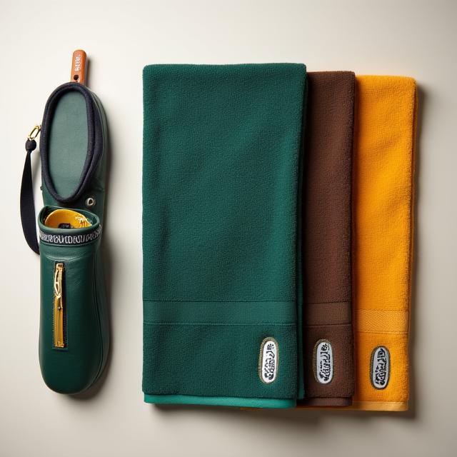 A collection of coordinating woven golf towels and a shoe bag.