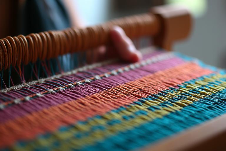 A close-up shot of a traditional weaving loom with vibrant, high-quality threads.